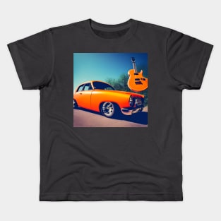 An Orange Guitar Suspended above An Orange Car Kids T-Shirt